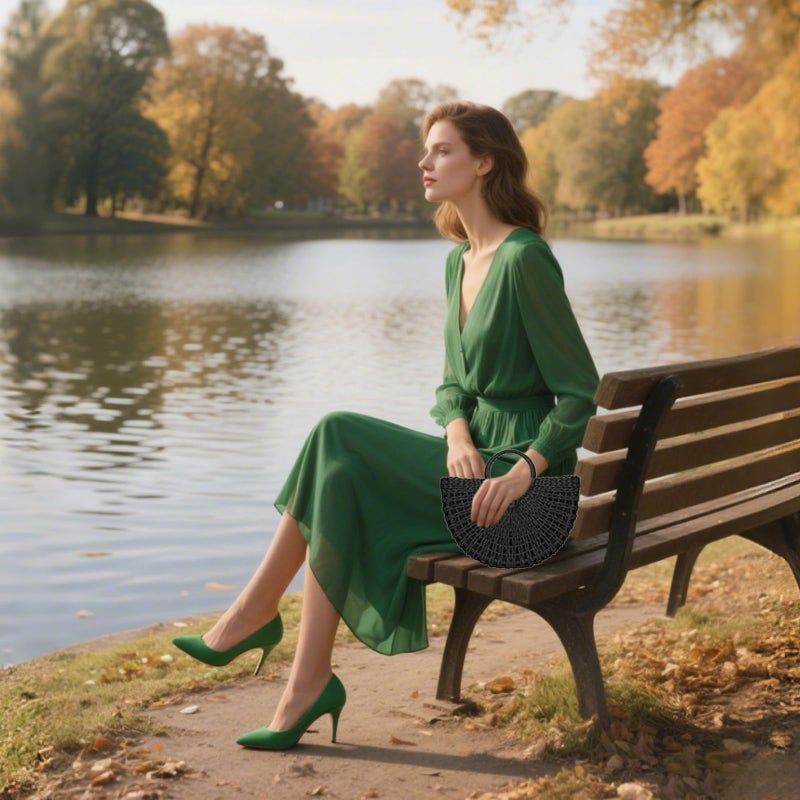 Gets Handwoven Rattan Top-handle Bag for Women Bohemian Round Straw Tote Bag Beach Large Carrying Handbag (Black) - Image 5